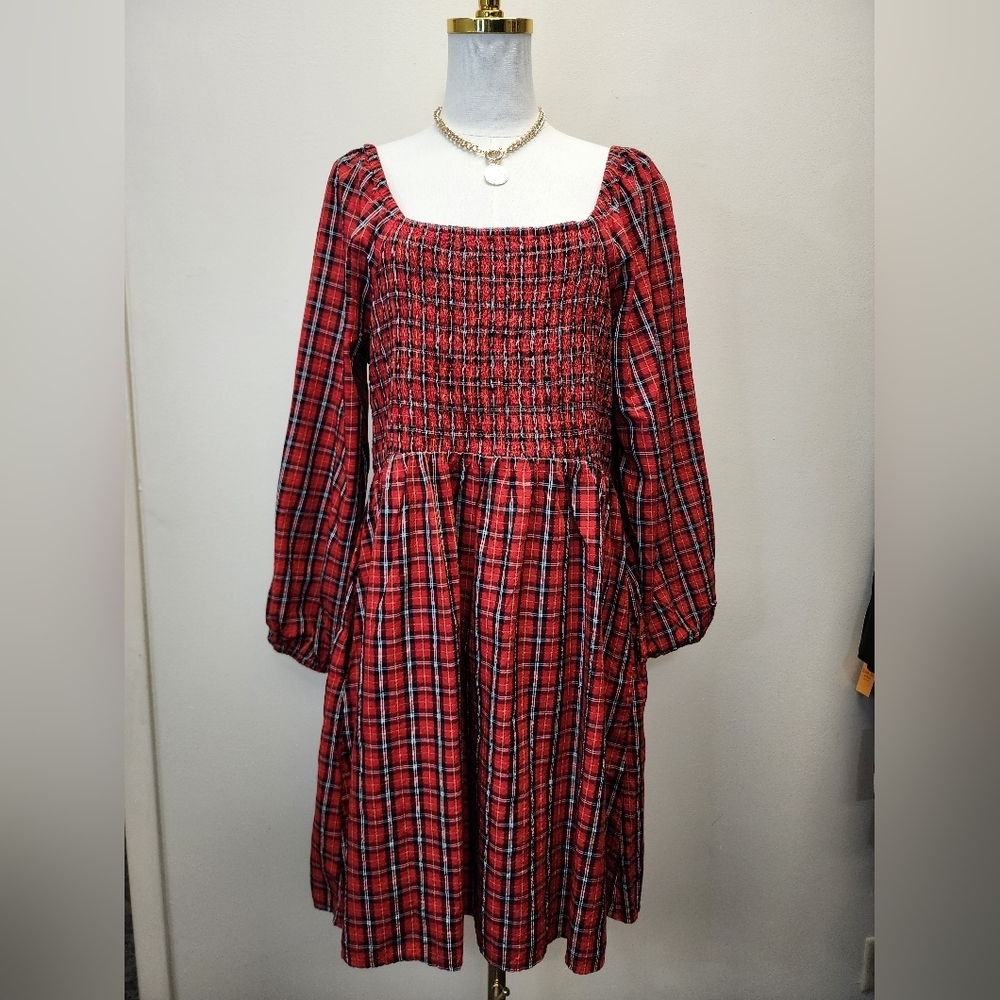 Red Plaid Midi Long Sleeve Dress, Size Xlarge - Picture 1 of 10